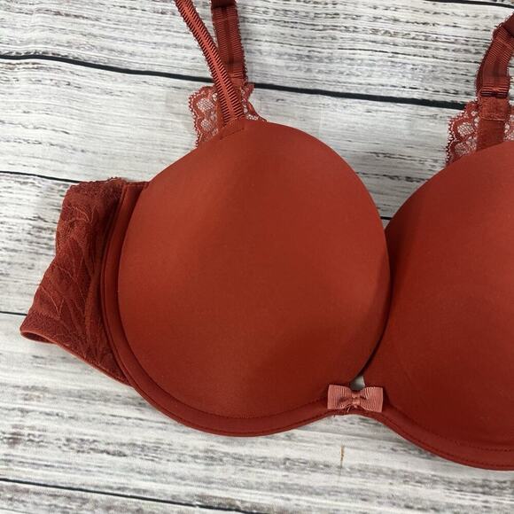 Auden Underwire Bra size 32D Orange Lace Plunge Coverage Lightly Lined T Shirt - Picture 3 of 8